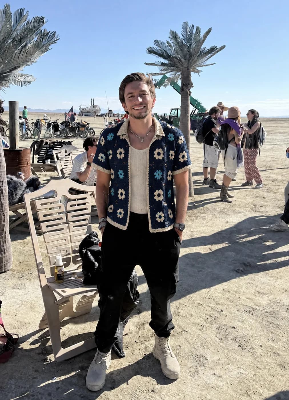 Navy floral hand-crochet open camp shirt by the sea