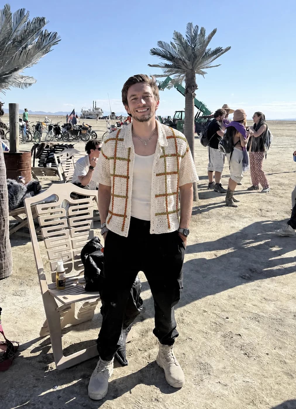 Ivory cotton crochet grid overshirt by the sea