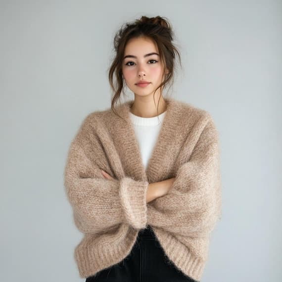 Ultra-soft fluffy beige mohair oversized cardigan in bohemian cut