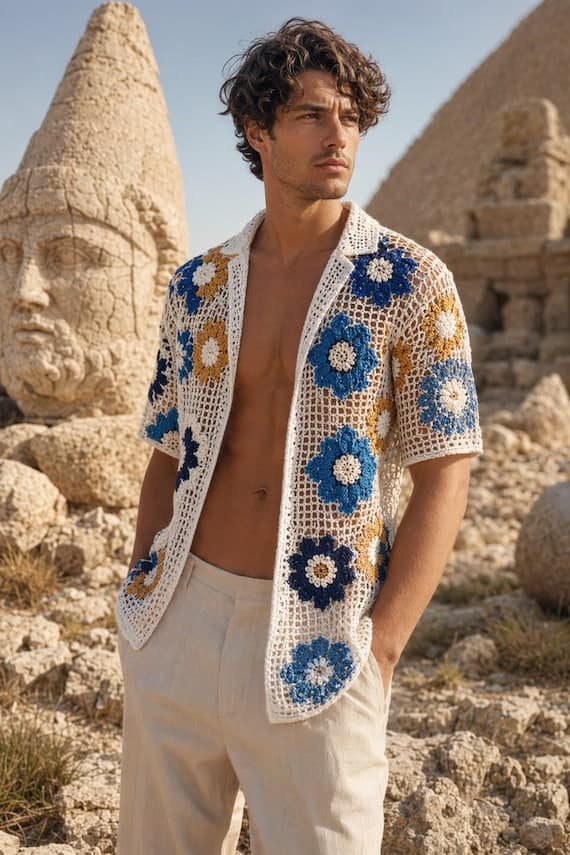 Lightweight floral resort wear crochet beach shirt for men