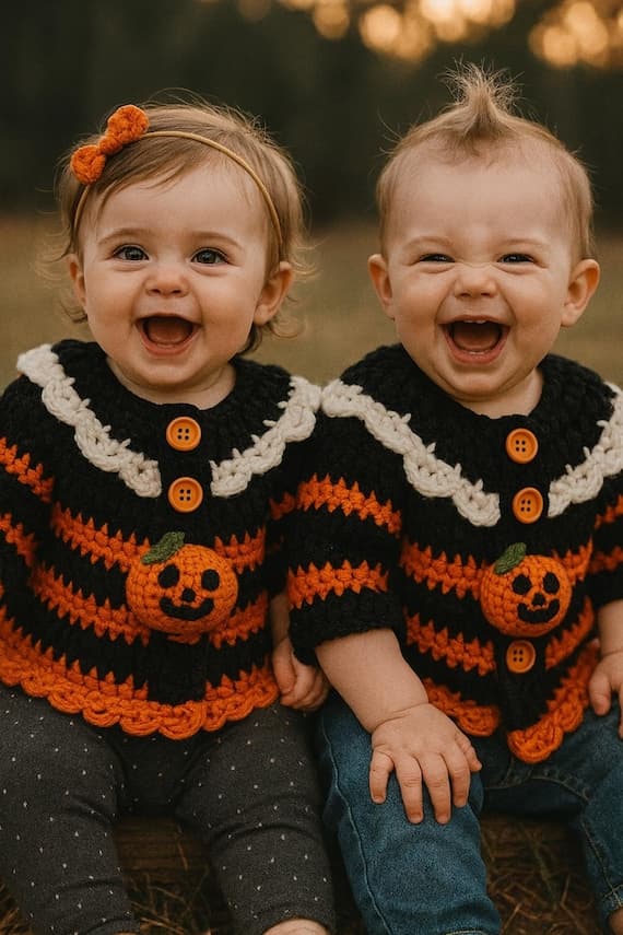 Playful handmade pumpkin motif crochet knit cardigan