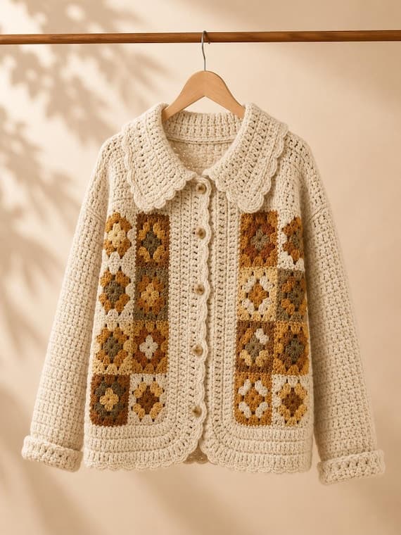 Handmade cotton mixed granny square crochet cardigan in autumn palette