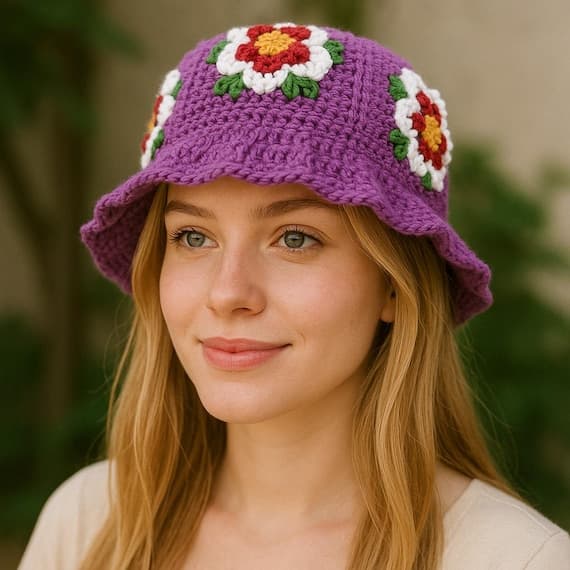 Vibrant purple handmade crochet bucket hat with cotton floral motif