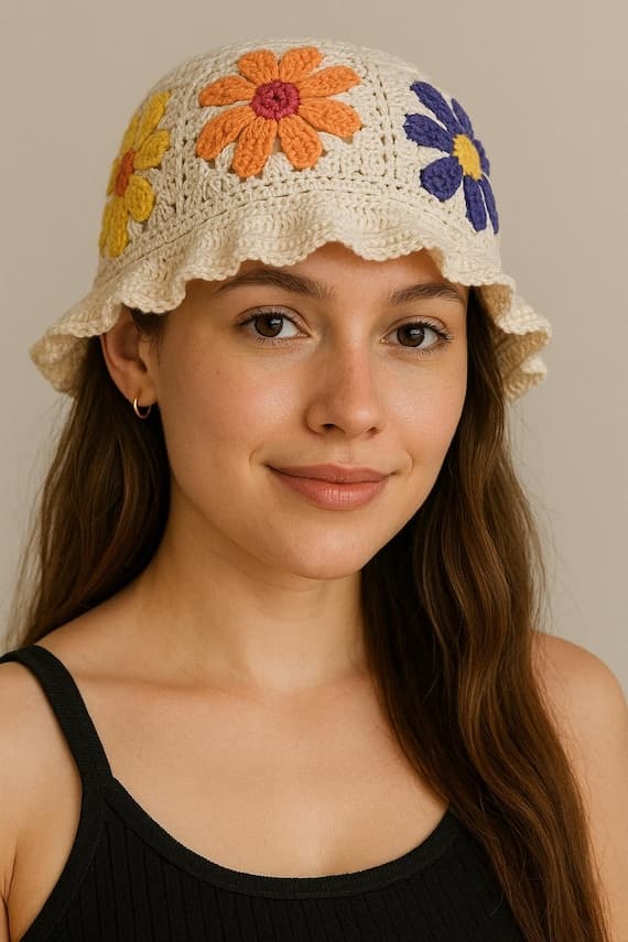 Handmade floral crochet sun bucket hat in neutral beige cotton