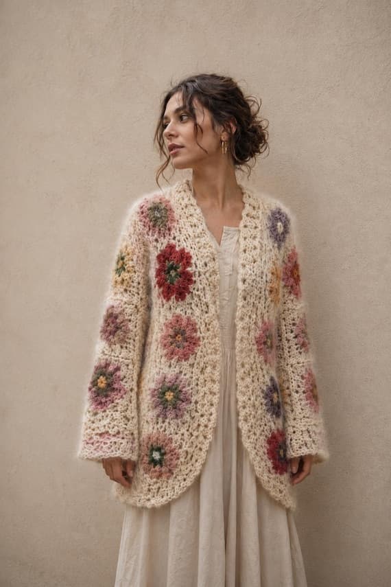 Soft vintage-inspired fuzzy bohemian cardigan in muted tones