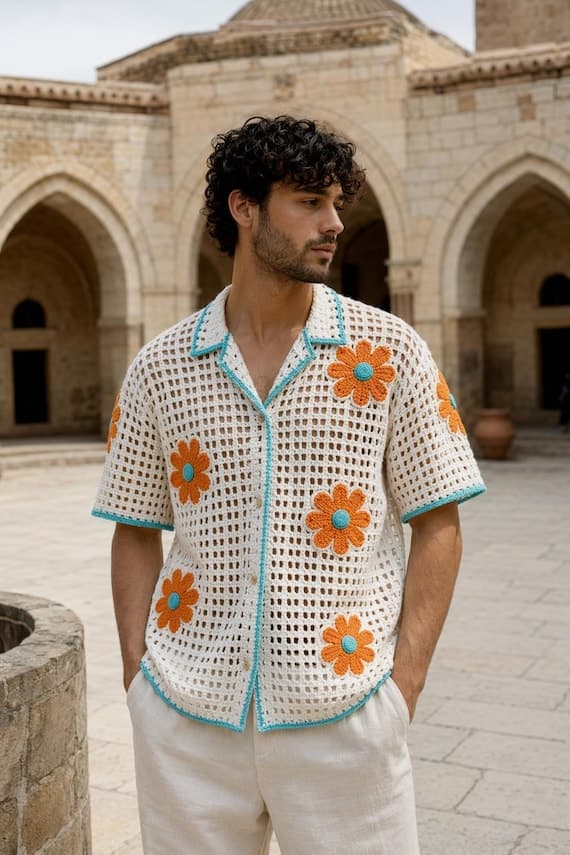 White boho summer crochet button-up shirt with floral pattern for men