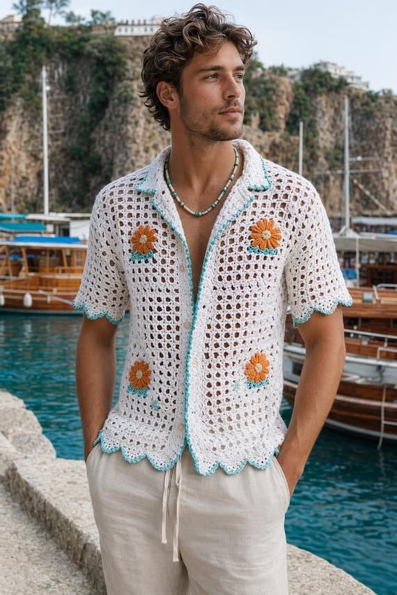 Men's breathable open knit crochet shirt for summer vacation