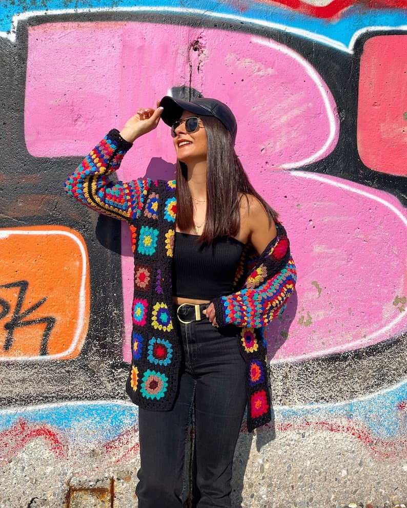 Handcrafted colorful granny square cardigan with relaxed bohemian fit