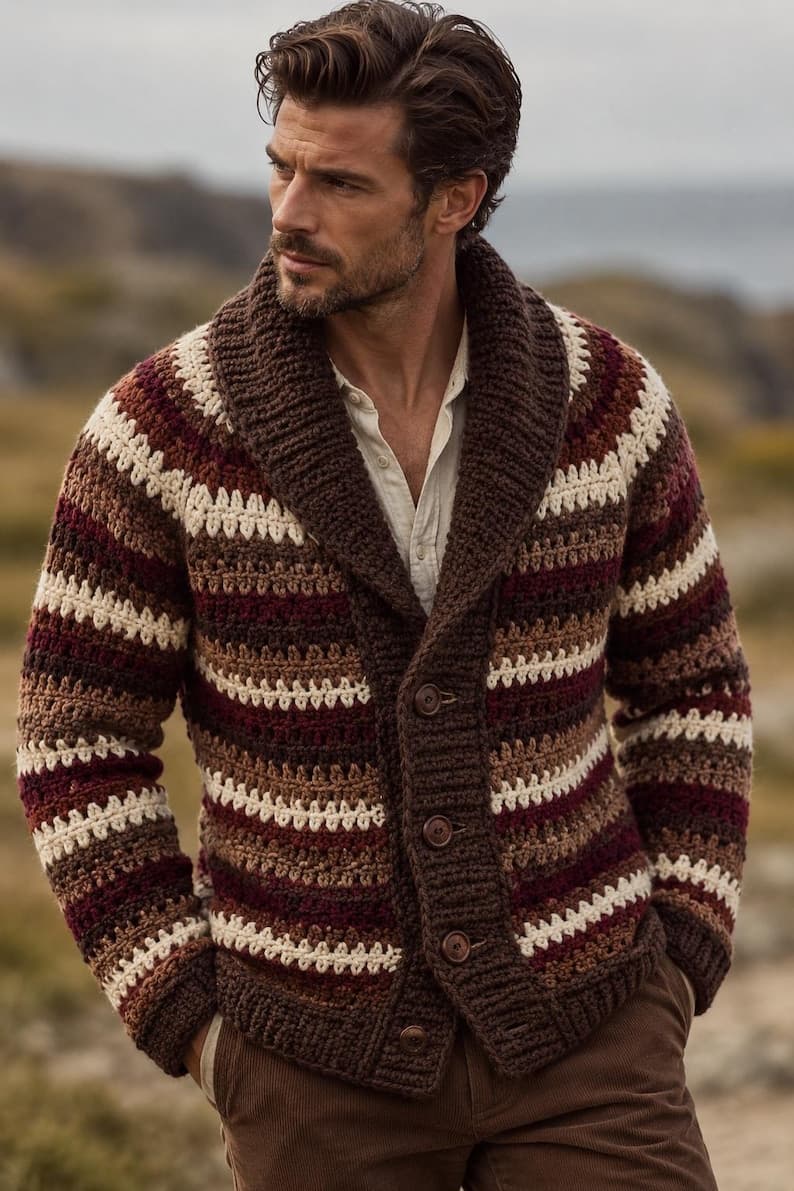 Chunky shawl collar cable-knit wool cardigan for men