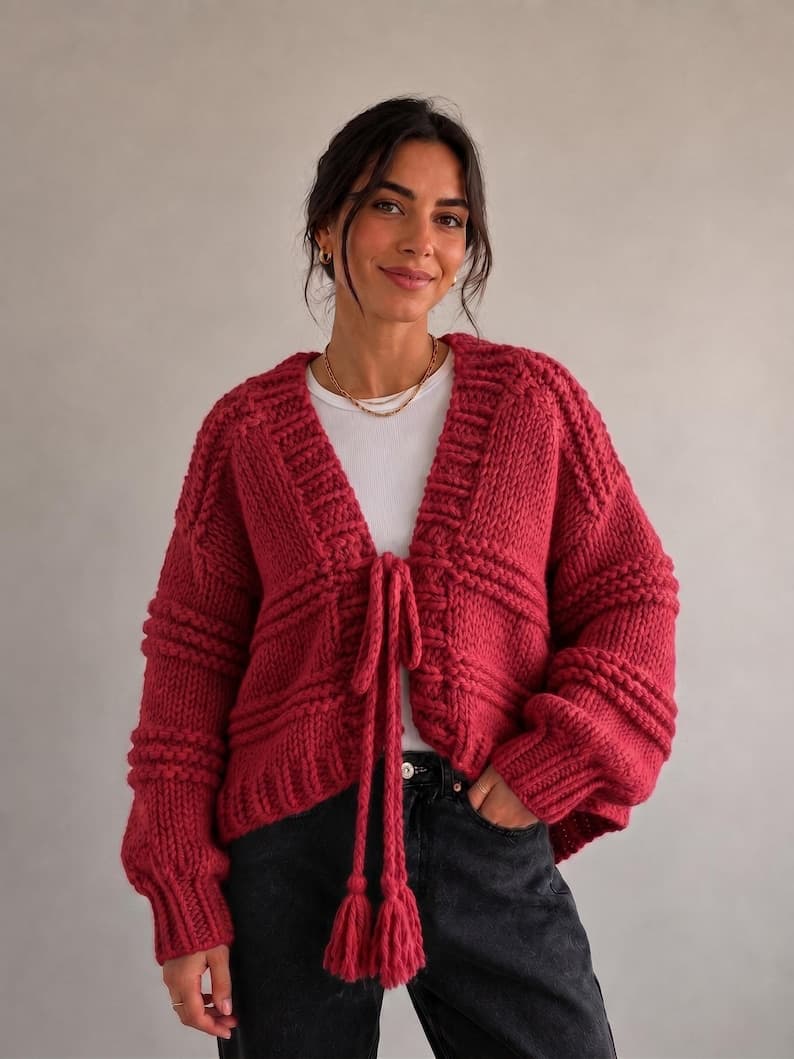 Lightweight tie-front knit cardigan in warm terracotta tones